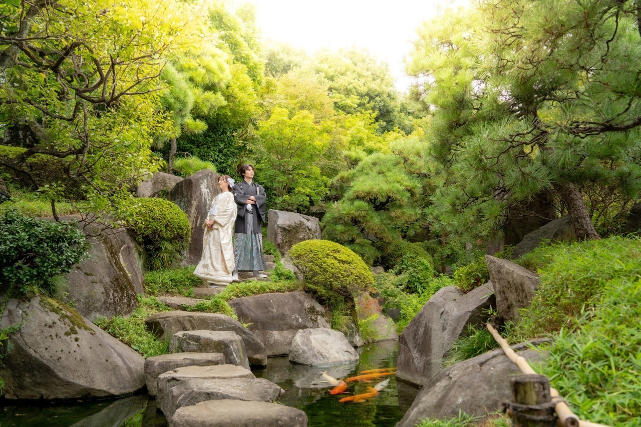 目白庭園での和装前撮り写真