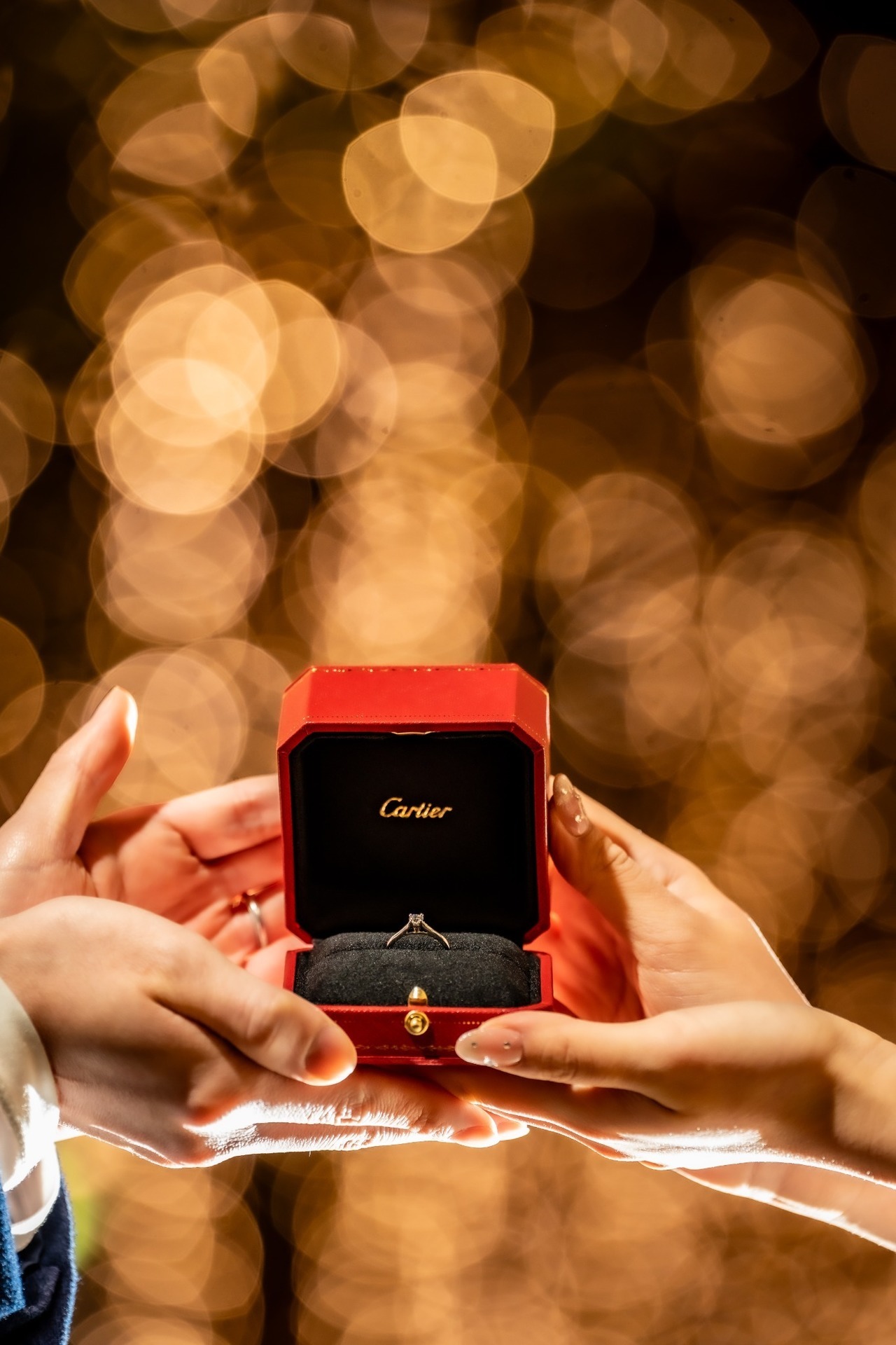 丸の内イルミネーションを背景にCartierの婚約指輪とリングケースを撮影したウェディングフォト