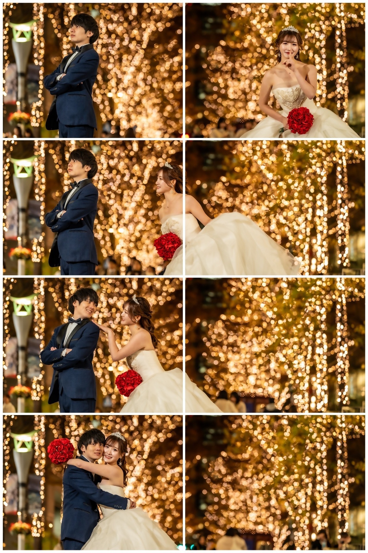 丸の内イルミネーションを背景に自然な笑顔で撮影する新郎新婦のウェディングフォト連続カット